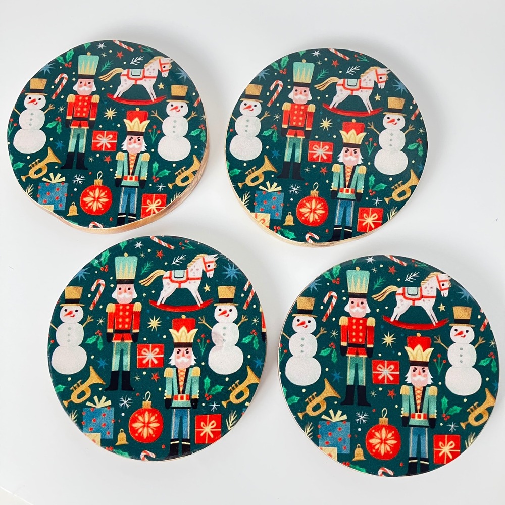 Vintage Drink Coasters Holiday Nutcracker 4in Green Wood Set of 4